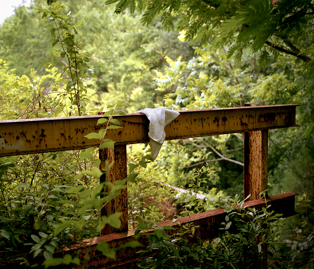 a white cloth on a railing in front of woods