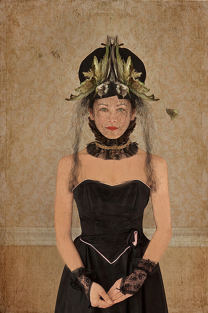 Woman with black dress and feathered hat