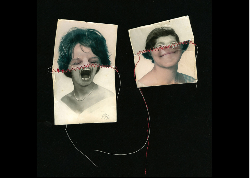 2 Photos of faces with noses cut out and sewn with red thread