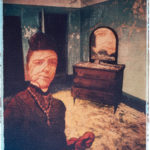Distorted face of woman in a bedroom