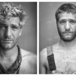 This photo consists of two photos. Both photos are od the same man. He is bare chested in both. He has a kerchief around his neck in the image on the left. He has blonde hair that is grown out to a few inches. The image on the right the man has a short beard and his hair is brown and much shorter.