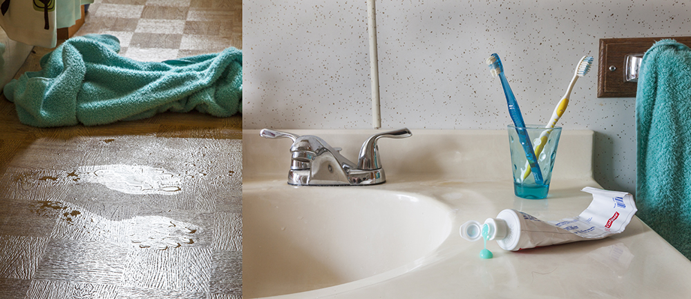 Two photographs are merged. On the left an aqua towel lies on a wet tiled floor. The image on the right is a bathroom sink with handles. Tooth paste tube lies next to an aqua glass containing 2 toothbrushes. An aqua town is hung next to the sink.
