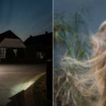Two photos are merged. On the left is a night scene of two buildings lit by a street light. On the right is the back of a woman's head. Here hair blows in the wind.