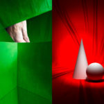 Red and green, cone, sphere, orb and hand