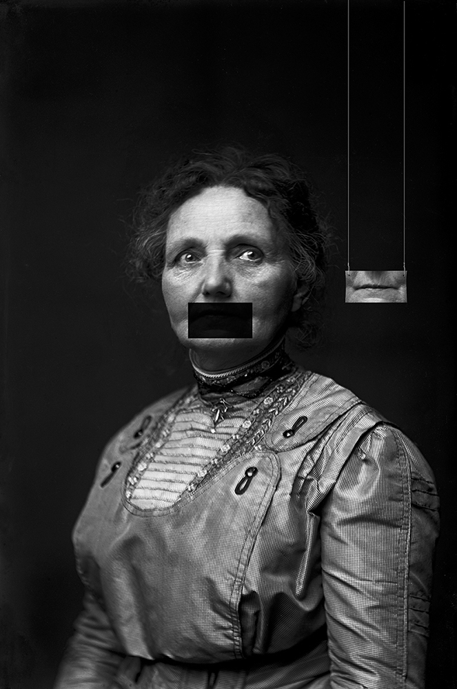 Woman with black square over her mouth and a cutout of her mouth hanging to her right