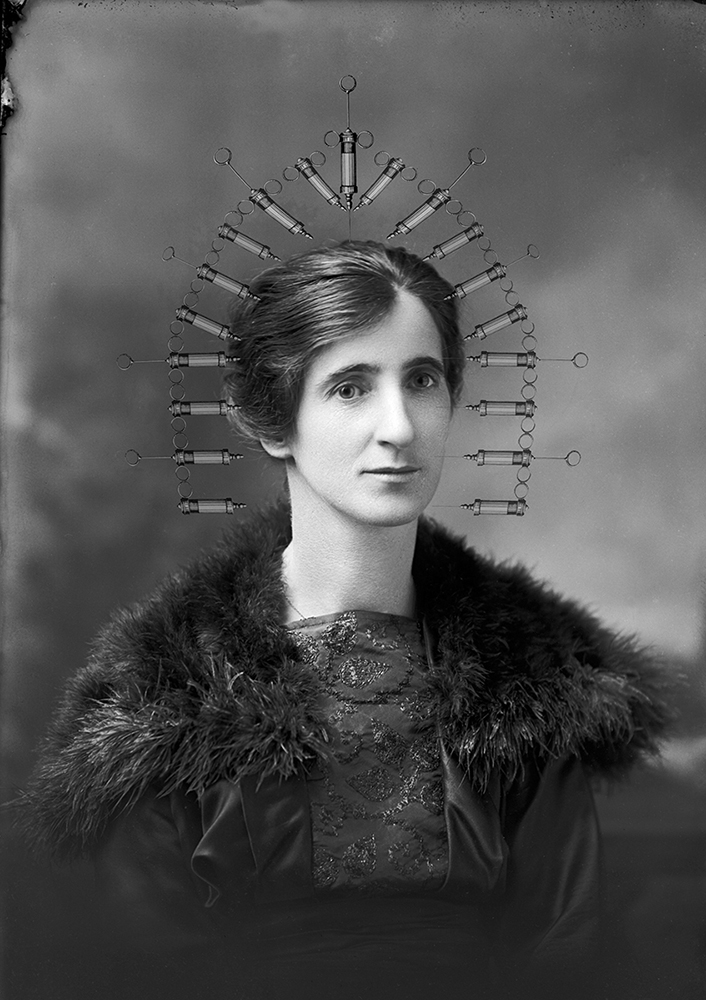 A woman withe a black dress and a halo of hypodermic needles