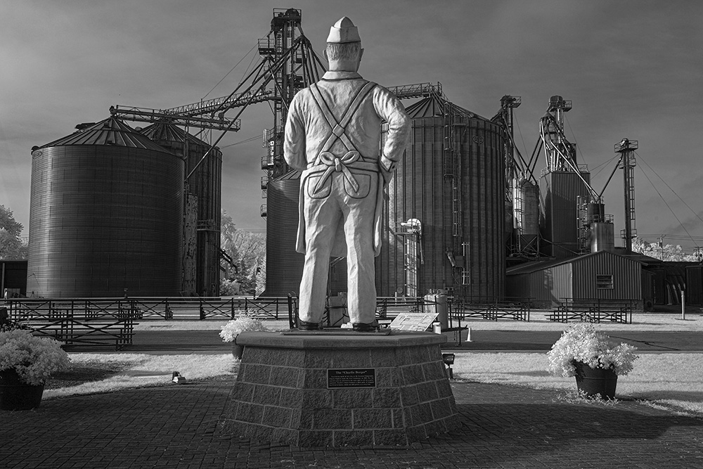Man standing on a platform in front of silos