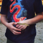 Person holding a snake and wearing a snake tee shirt
