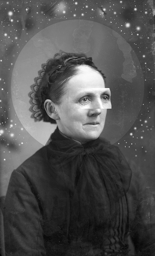 Woman with moon and stars behind her and with her eyes on an overlay.