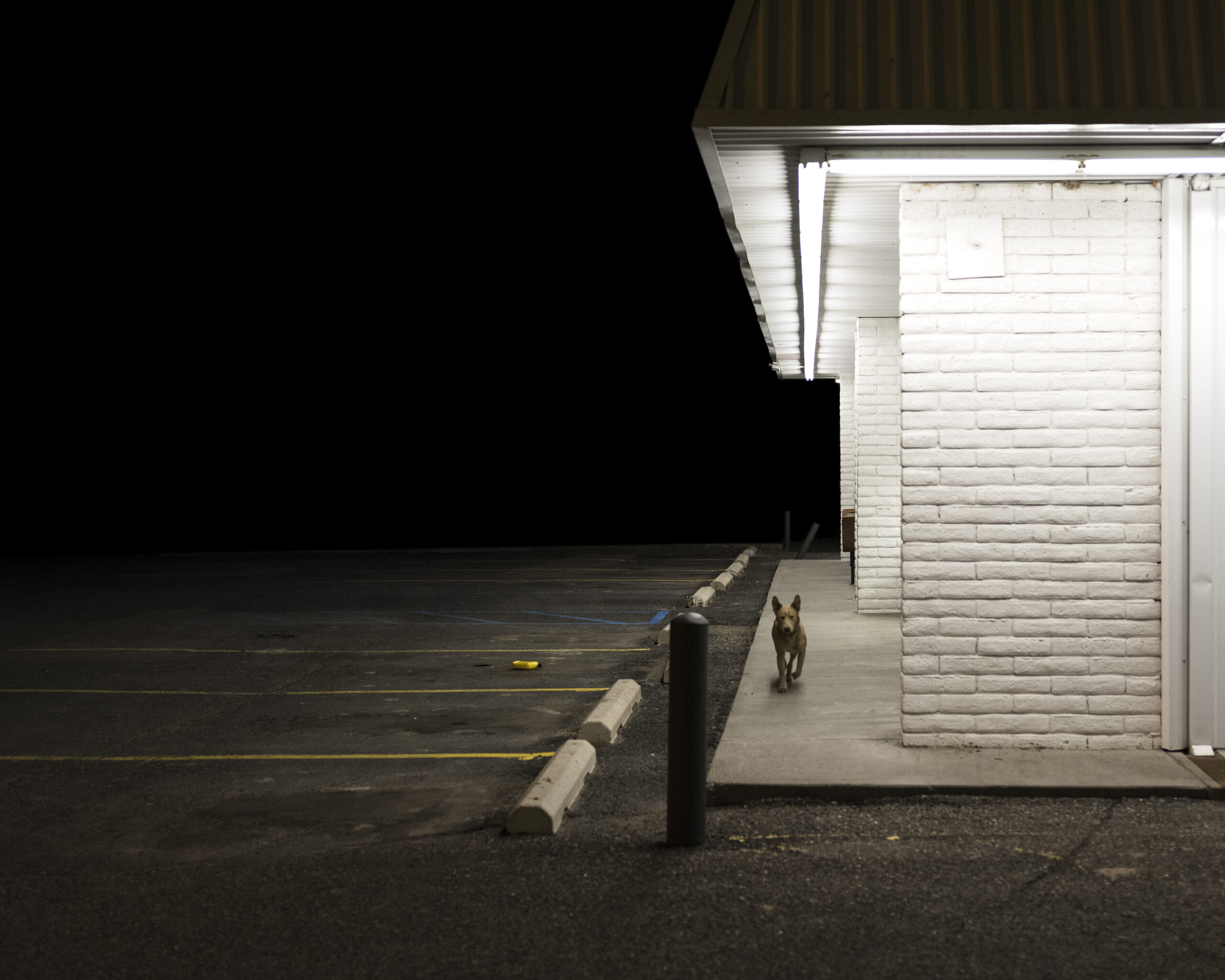 A white building at night.