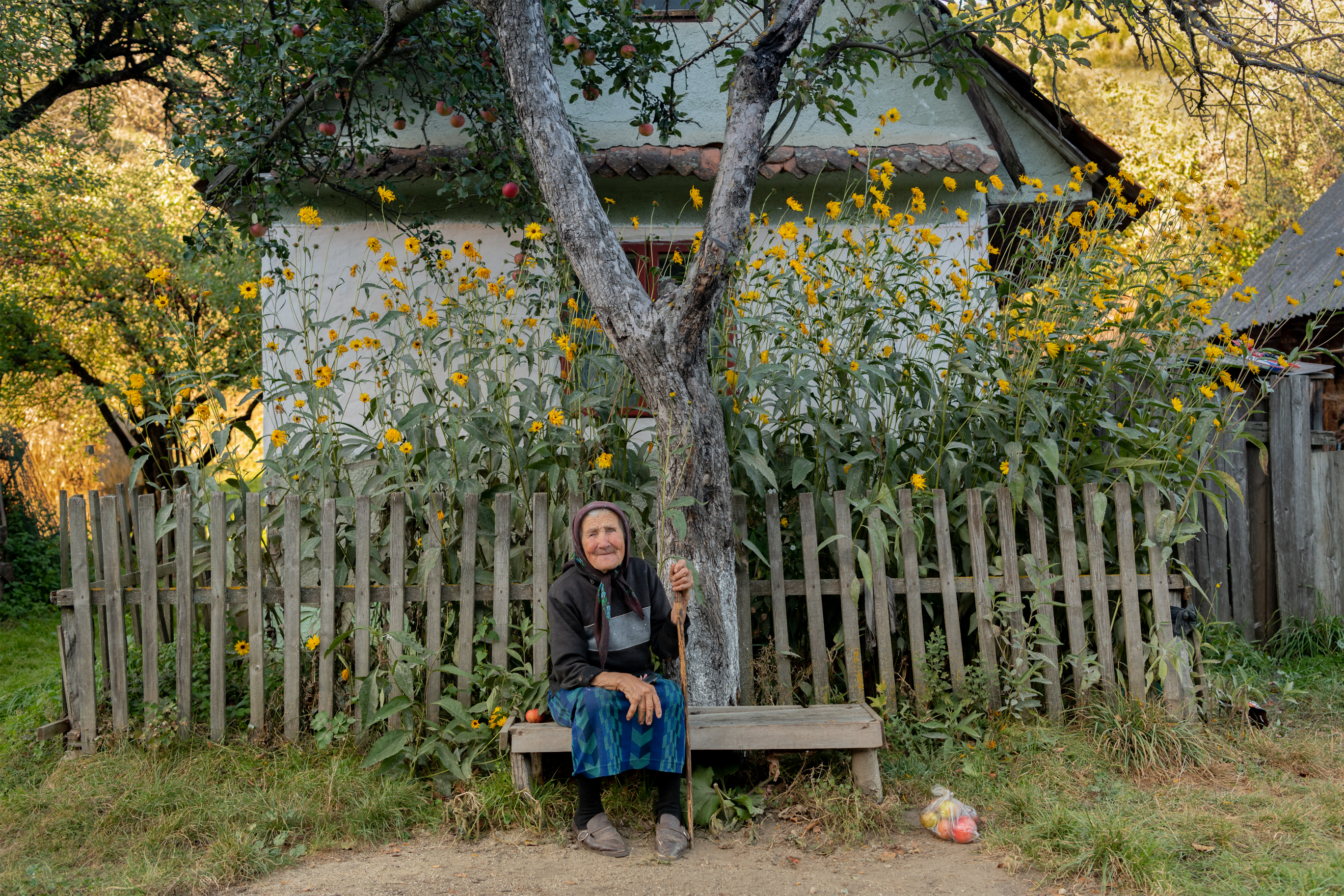 Woman in front of Apple tree