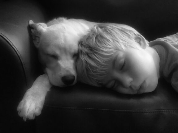 sleeping boy and dog